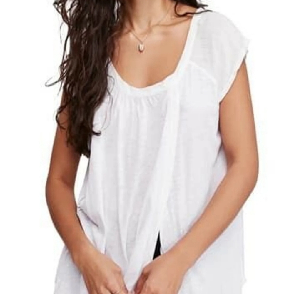 Free People White Keep It Casual Linen Blend Oversized T-Shirt, sz XS